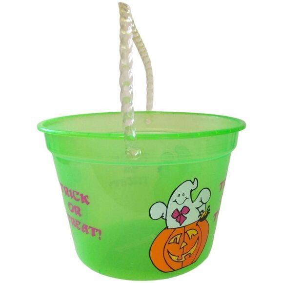 Vintage Halloween Bucket Pail Trick or Treat Ghost Translucent Neon Green 1990s. - Picture 4 of 16